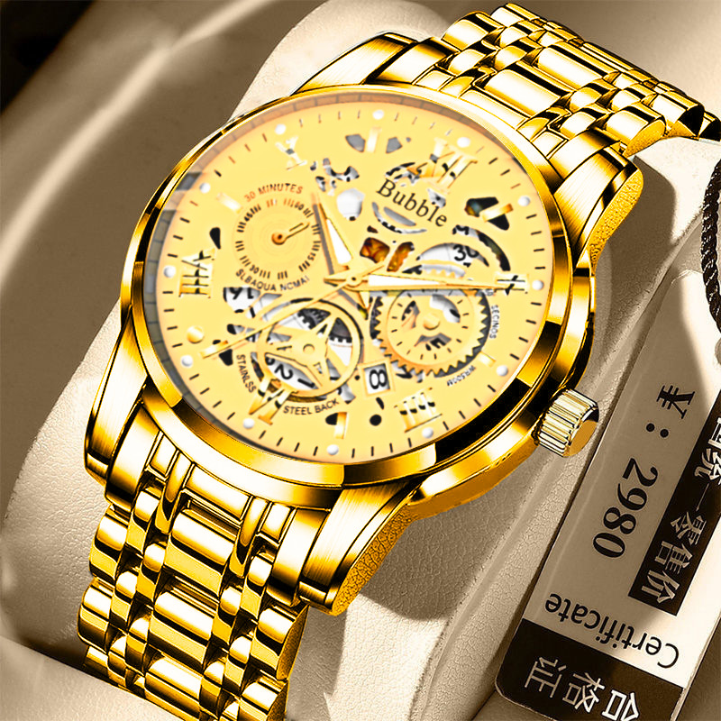 Bubble Brand Men's Skeleton Hollow Out Quartz Watch Roman Numerals Calendar Luminous Index Waterproof Stainless Steel Bracelet Luxury Trendy Versatile Business Casual Male Fashion Timepiece