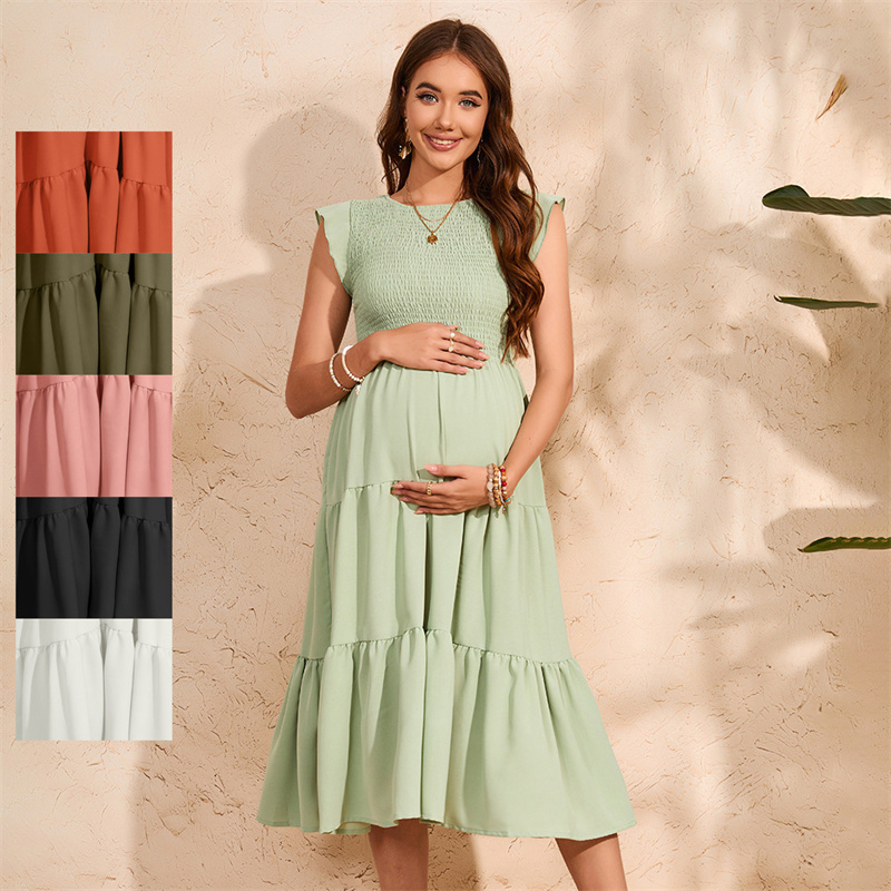 New Arrival Women's Maternity Dress Smocked Tiered Chiffon Dress Ruffle Cap Sleeves Flowy A-Line Casual Breathable Multi Color Pregnancy Dress