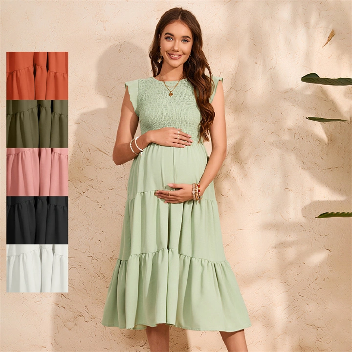 New Arrival Women's Maternity Dress Smocked Tiered Chiffon Dress Ruffle Cap Sleeves Flowy A-Line Casual Breathable Multi Color Pregnancy Dress