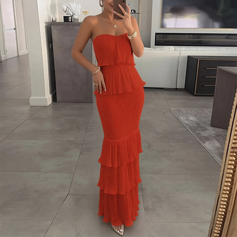 2026 Summer New Arrival Women's Evening Dress Strapless Solid Color Ruffle Tiered Maxi Dress Bodycon Smocked Waist Party Elegant Mermaid Long Dress