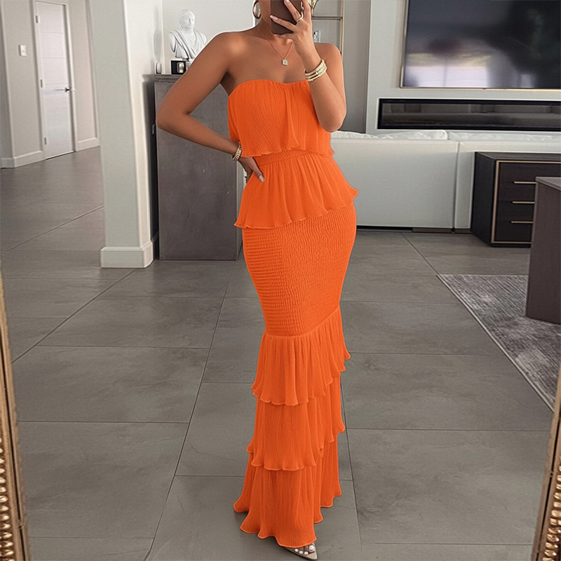 2026 Summer New Arrival Women's Evening Dress Strapless Solid Color Ruffle Tiered Maxi Dress Bodycon Smocked Waist Party Elegant Mermaid Long Dress