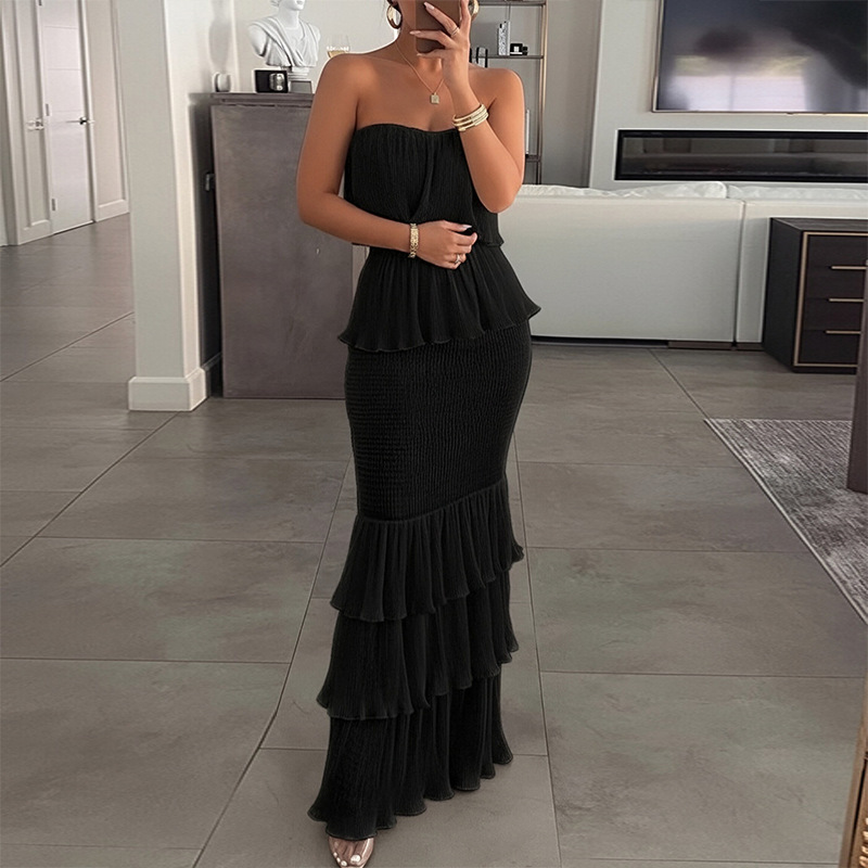 2026 Summer New Arrival Women's Evening Dress Strapless Solid Color Ruffle Tiered Maxi Dress Bodycon Smocked Waist Party Elegant Mermaid Long Dress