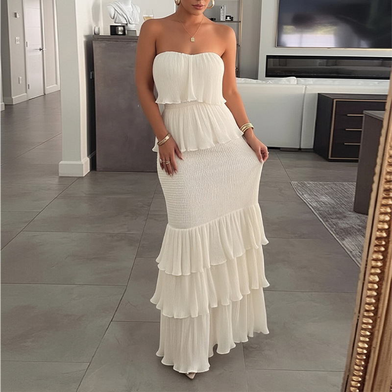 2026 Summer New Arrival Women's Evening Dress Strapless Solid Color Ruffle Tiered Maxi Dress Bodycon Smocked Waist Party Elegant Mermaid Long Dress