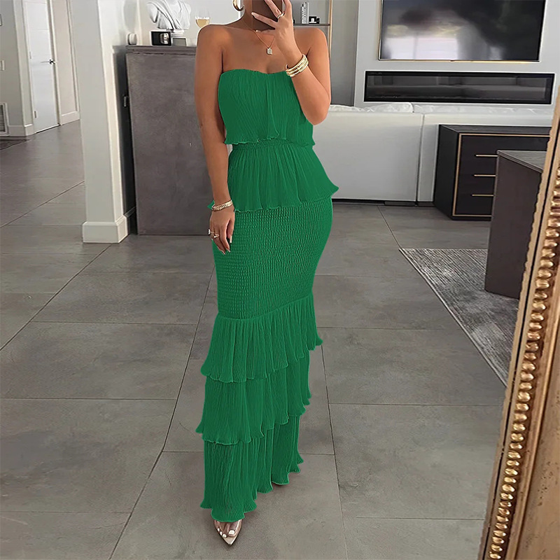 2026 Summer New Arrival Women's Evening Dress Strapless Solid Color Ruffle Tiered Maxi Dress Bodycon Smocked Waist Party Elegant Mermaid Long Dress