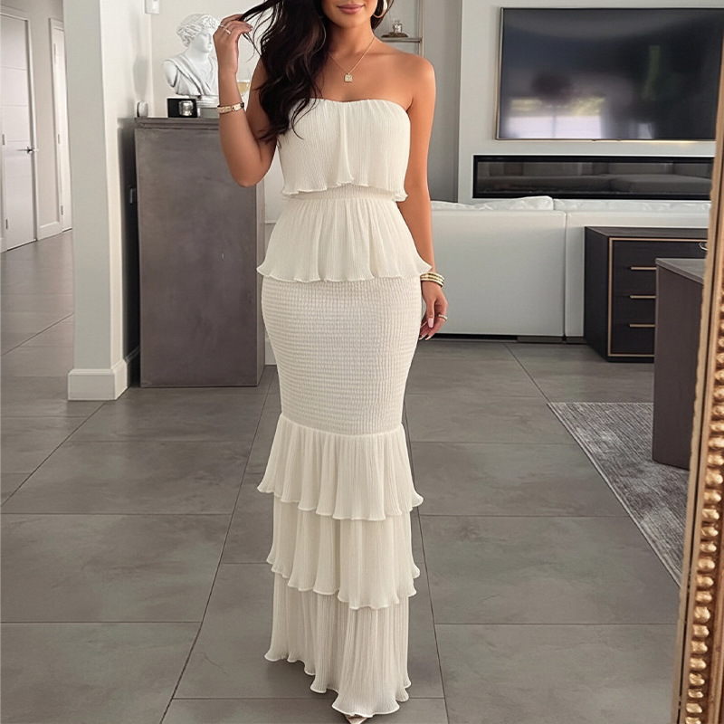 2026 Summer New Arrival Women's Evening Dress Strapless Solid Color Ruffle Tiered Maxi Dress Bodycon Smocked Waist Party Elegant Mermaid Long Dress