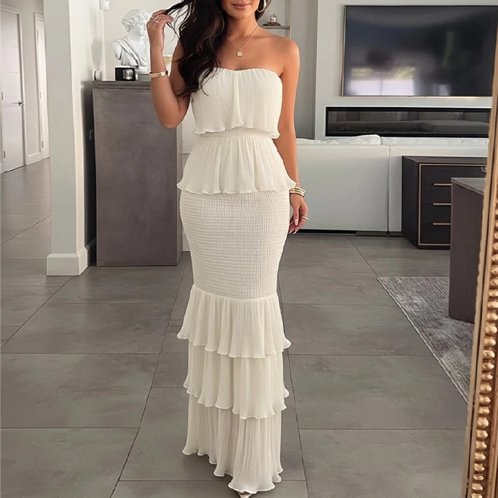 2026 Summer New Arrival Women's Evening Dress Strapless Solid Color Ruffle Tiered Maxi Dress Bodycon Smocked Waist Party Elegant Mermaid Long Dress