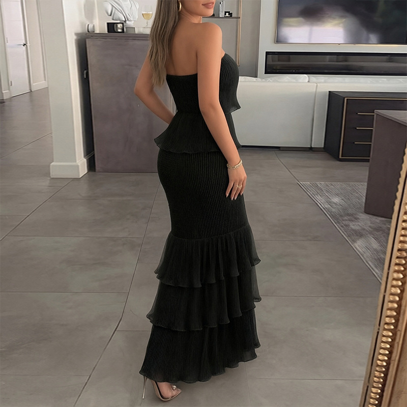 2026 Summer New Arrival Women's Evening Dress Strapless Solid Color Ruffle Tiered Maxi Dress Bodycon Smocked Waist Party Elegant Mermaid Long Dress