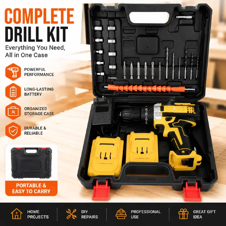 Cordless Drill Set 21V, Electric Screwdriver with 2 Batteries 2000mAh, 25+3 Torque Cordless Hammer Drill, 2-Speed, 42N.m Max, LED Work Light