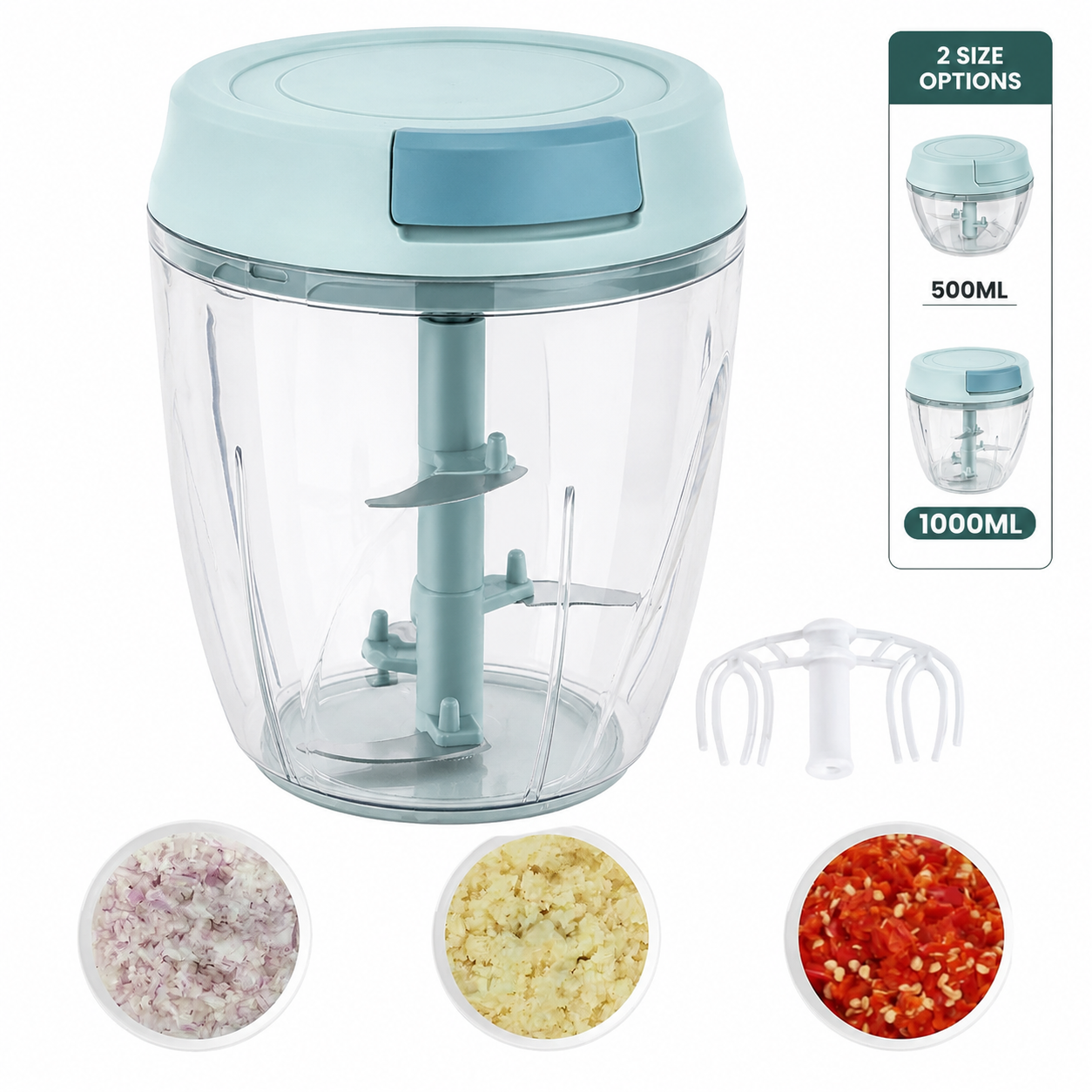【Promotion】Small Manual Food Processor with Egg whisk Protable Meat Salad Fruit Chopper Onion Cutter Garlic Mincer Kitchen Gadgets,500/1000ml