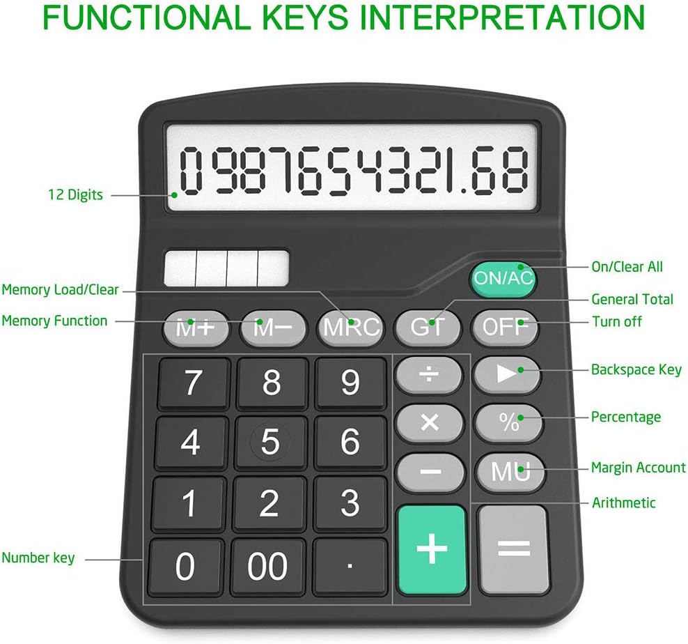 Solar Battery Calculator, Dual Power Standard Function with Large LCD Display, Black (NO Battery) (KK-837B, 1PACK)