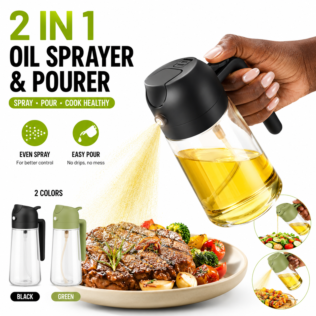 Olive Oil Sprayer Cooking Oil Dispensing Bottle: 2 in 1 Glass Olive Oil Dispenser Bottle, Upgraded Glass Oil Spraying Bottle for Kitchen Air Fryer Salad BBQ Baking