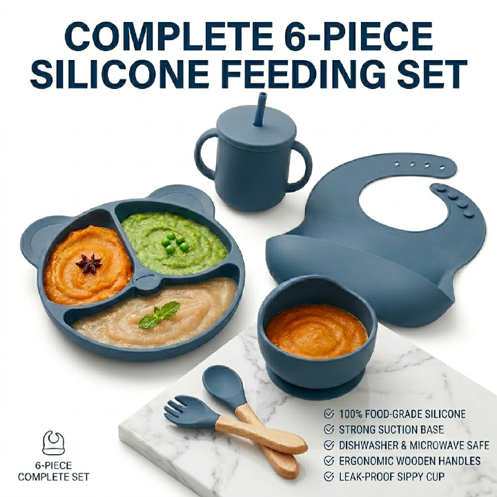 6Pcs Silicone Baby Feeding Set,Soft Baby Weaning Supplies Cute Self Feeding Eating Utensils Set Dishwasher Safe for Baby,Dark Blue