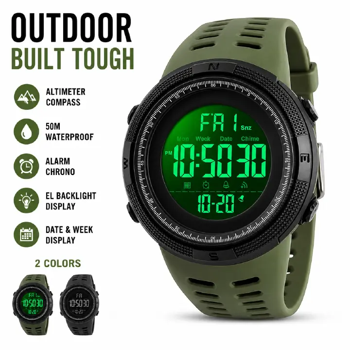 Mens Digital LED Sports Watch Military Multifunction 12H/24H Time Dual Time Alarm Countdown Back Light with Simple Design 164FT 50M Water Resistant Calendar Month Date Day Watch