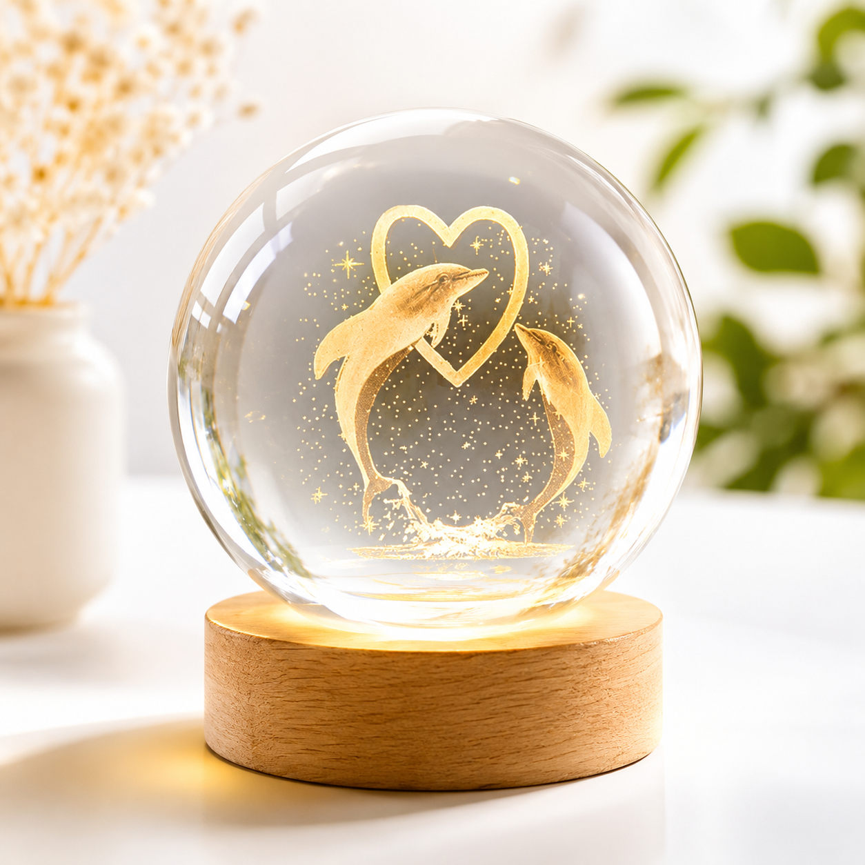 Dolphin Gifts for Women Men 3D Dolphin Crystal Ball with Wooden Light Base Crystal Dolphin Decor Dolphin Gifts for Dolphin Lovers for Christmas Valentine's Day Birthday