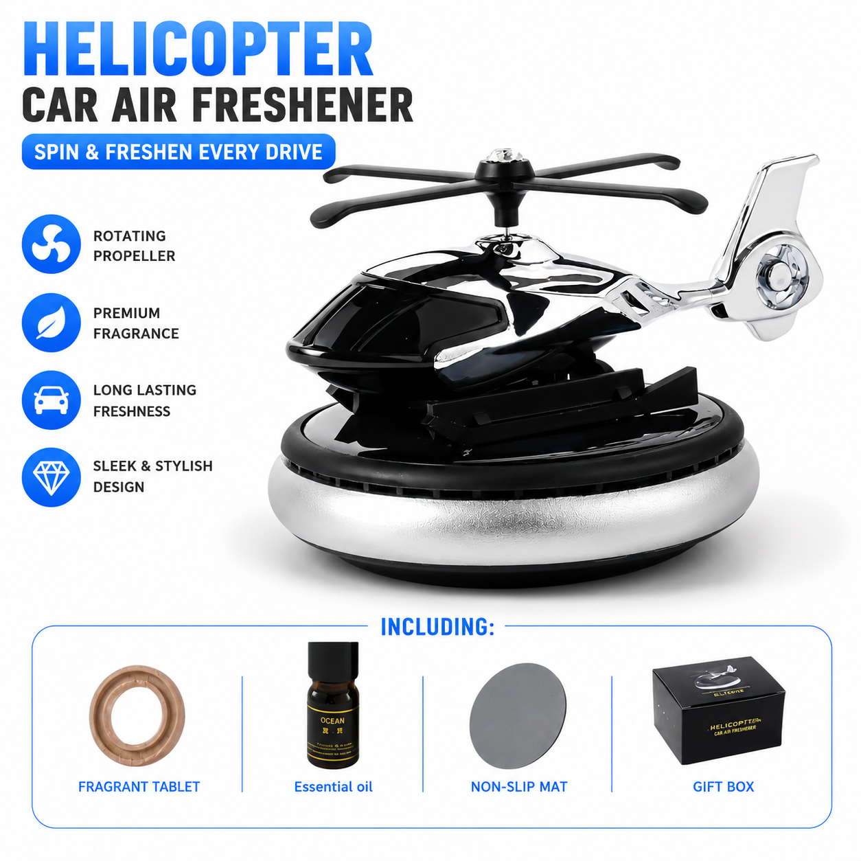 【Promotion】Helicopter Solar Car Air Freshener Rotation Aromatherapy Diffuser Ornament for Vehicles with Fragrance Tablet, Essential Oil,Anti-slip Mat for Car and Interior Decoration