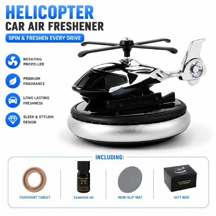 【Promotion】Helicopter Solar Car Air Freshener Rotation Aromatherapy Diffuser Ornament for Vehicles with Fragrance Tablet, Essential Oil,Anti-slip Mat for Car and Interior Decoration