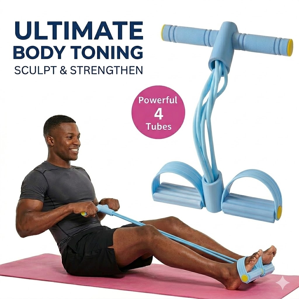 4 Tube Pedal Ankle Puller Sit Up Leg Stretch Rope Exercise Bands with Handles, Yoga Strap Bodybuilding Expander, Fitness Equipment Waist, Arm, Stretching Slimming Training Fitness