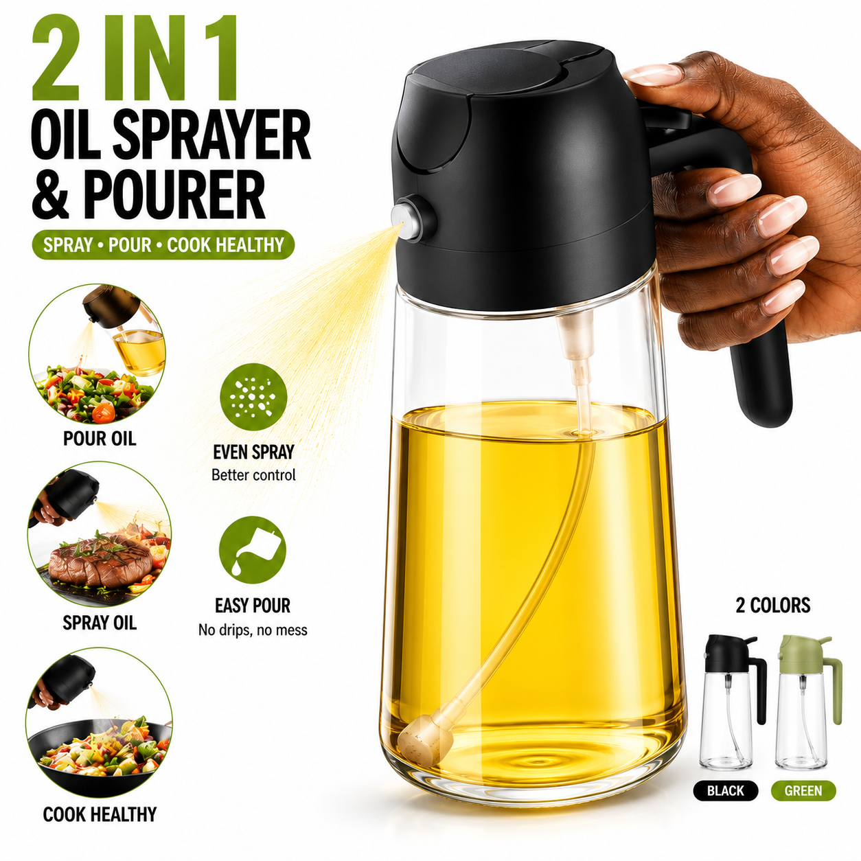Olive Oil Sprayer Cooking Oil Dispensing Bottle: 2 in 1 Glass Olive Oil Dispenser Bottle, Upgraded Glass Oil Spraying Bottle for Kitchen Air Fryer Salad BBQ Baking
