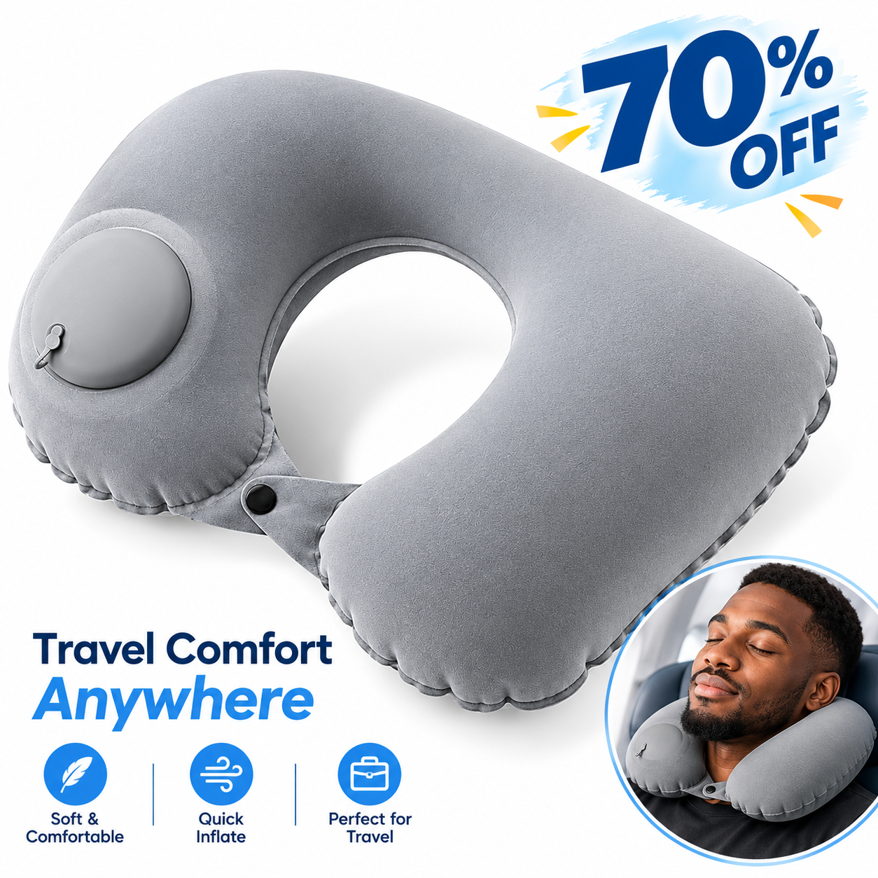 1pc Inflatable Neck Pillow - Automatic Inflation, Portable Travel Neck Support for Car, Office, Home - Lightweight & Compact Design, Durable Polyester Cover, Hand Wash Only, All-Season Use, Neck Pillo