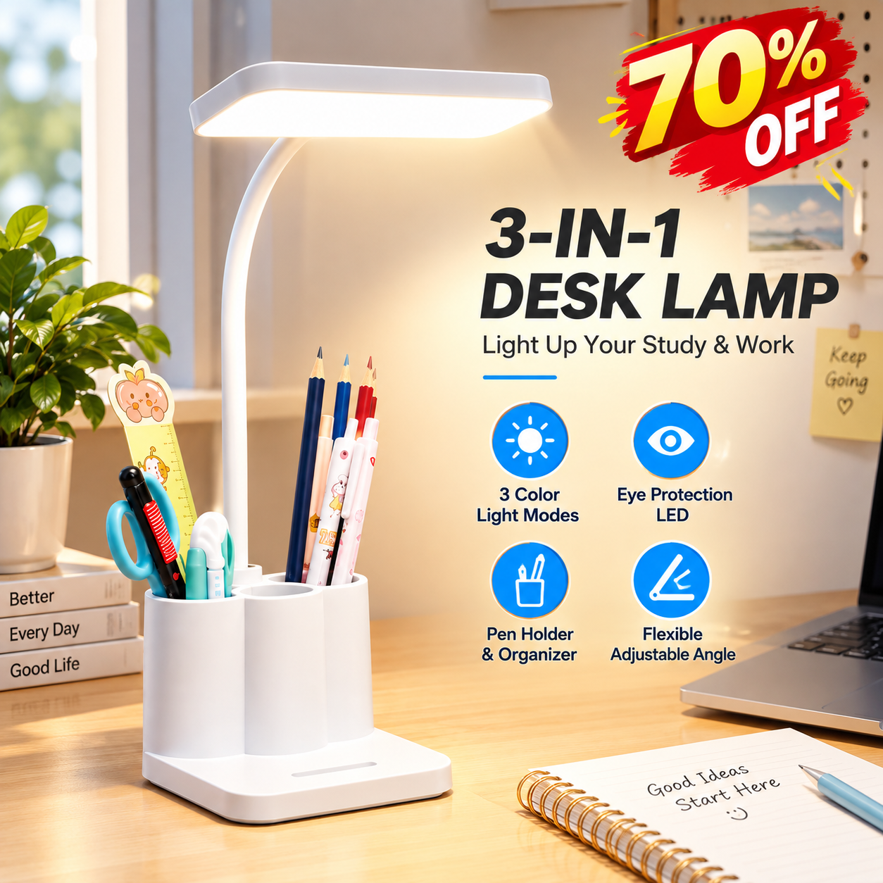 Touch adjustable rechargeable LED stand desk lamp, USB charging, with pen holder, suitable for home office, study, reading, can be used as a phone stand night light, 3 color temperature modes