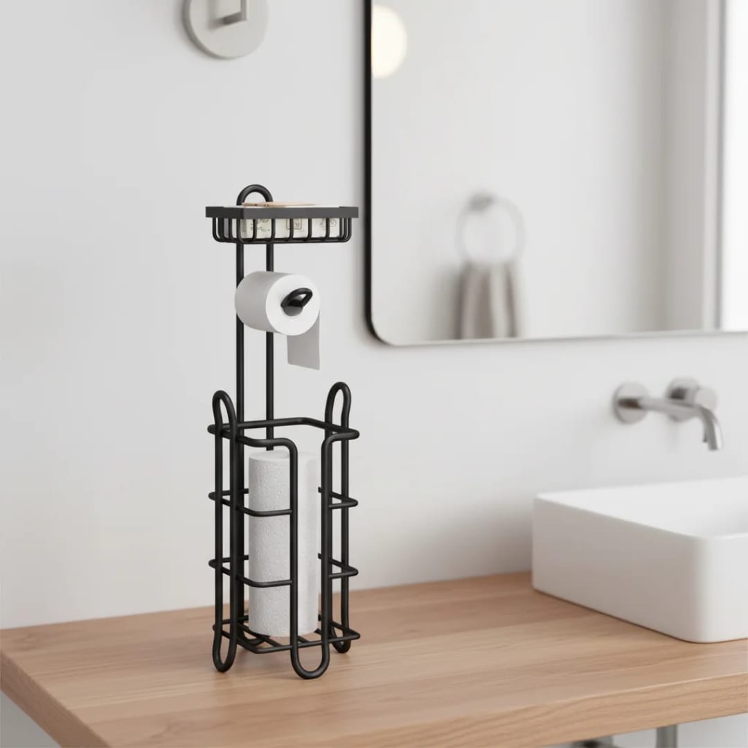 High Quality Heavy Duty Tissue Stand Holder - Carbon Steel Toilet Paper Roll Organizer with Space-Saving Freestanding Design, Rust & Scratch Resistant for Bathroom, Bedroom & Home Use