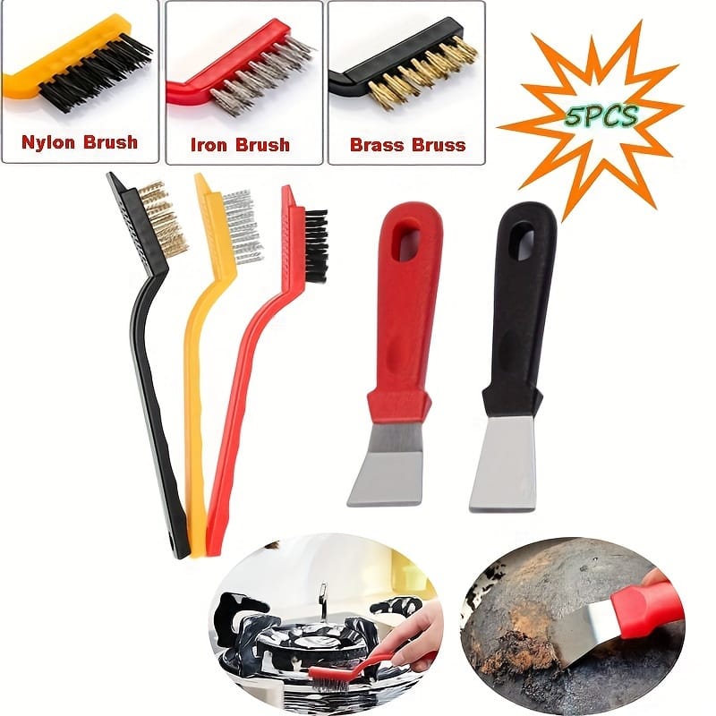 5PCS Kitchen Cleaning Brush Set - Nylon, Iron & Brass Scrub Brushes with Straight & Curved Shovels for Gas Stoves, Gaps, Windows, Bathrooms, Sinks & Hard-to-Reach Areas