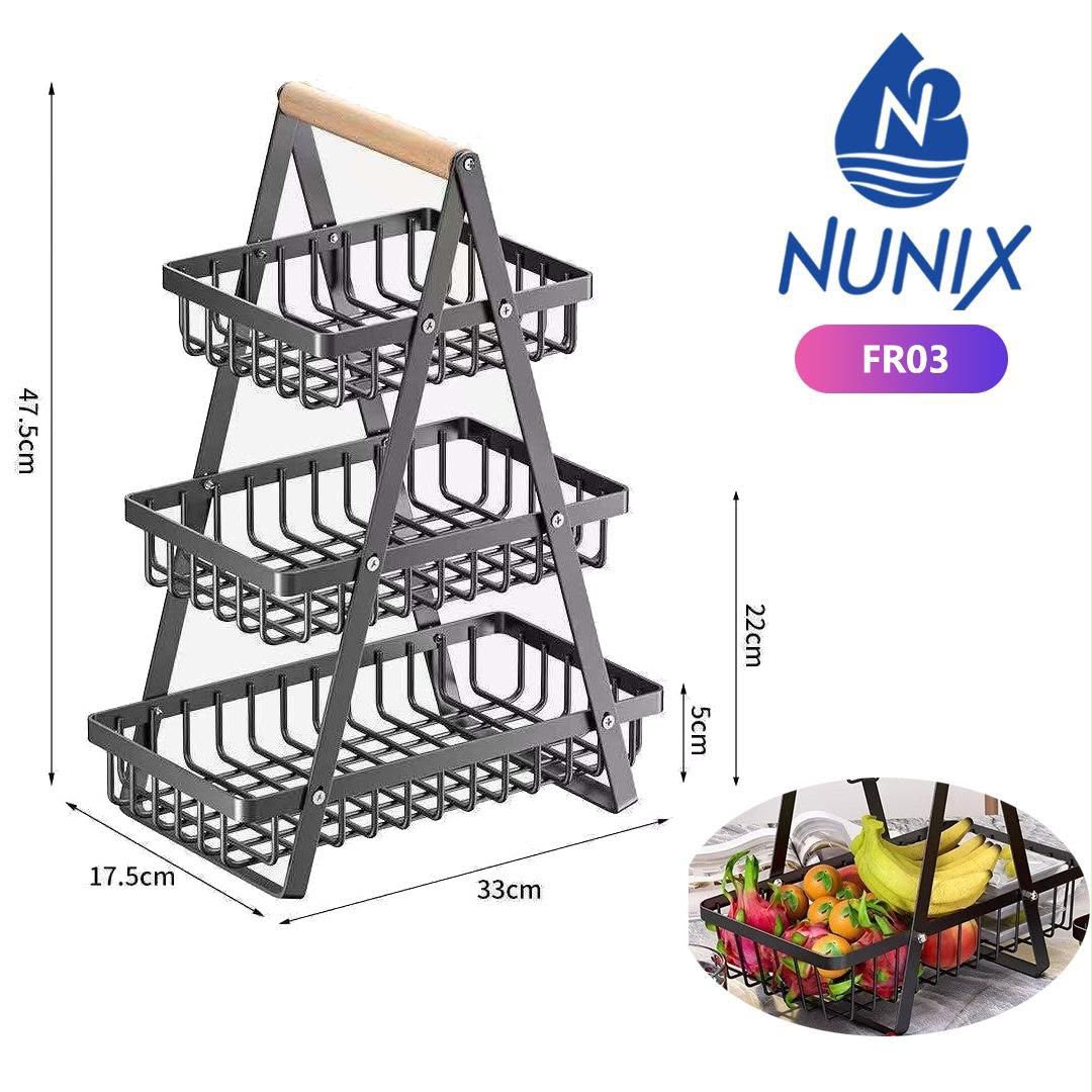 Nunix FR03 3-Tier Fruit Rack – Multipurpose Metallic Fruit & Vegetable Storage Stand with Wooden Carrying Handle, Open Ventilated Design for Fresh Produce Organization in the Kitchen
