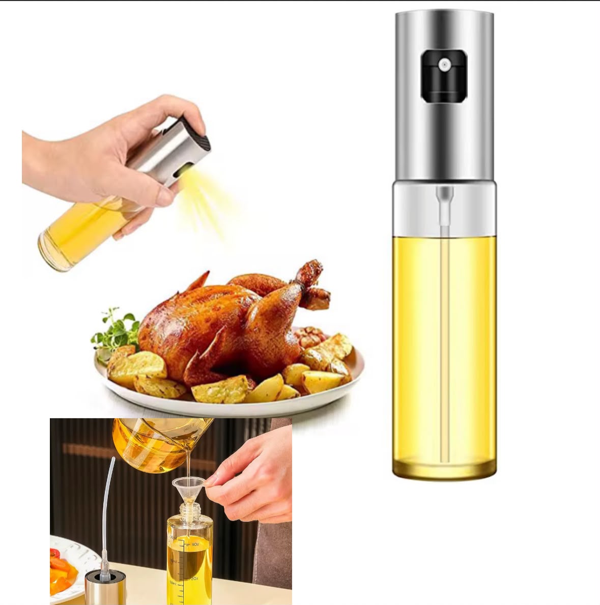 100ml Olive Oil Spray Bottle – Food-Grade 304 Stainless Steel & Borosilicate Glass Cooking Oil Sprayer with Funnel for Vinegar, Soy Sauce, Liquid Seasonings, Baking, Cooking & BBQ