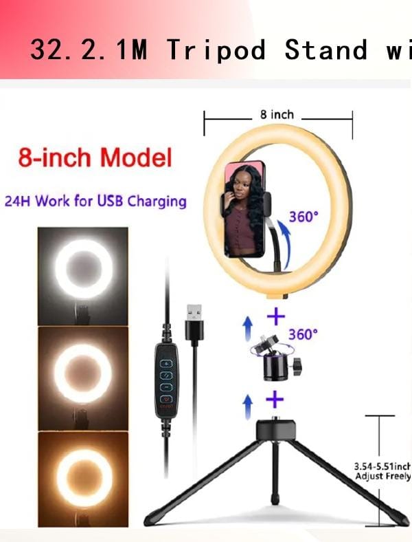8-Inch LED Ring Light with Tripod Stand – 3-Mode Adjustable Selfie Fill Light for Live Streaming, TikTok, Makeup, Photography, Video Recording, YouTube and Social Media Content Creation