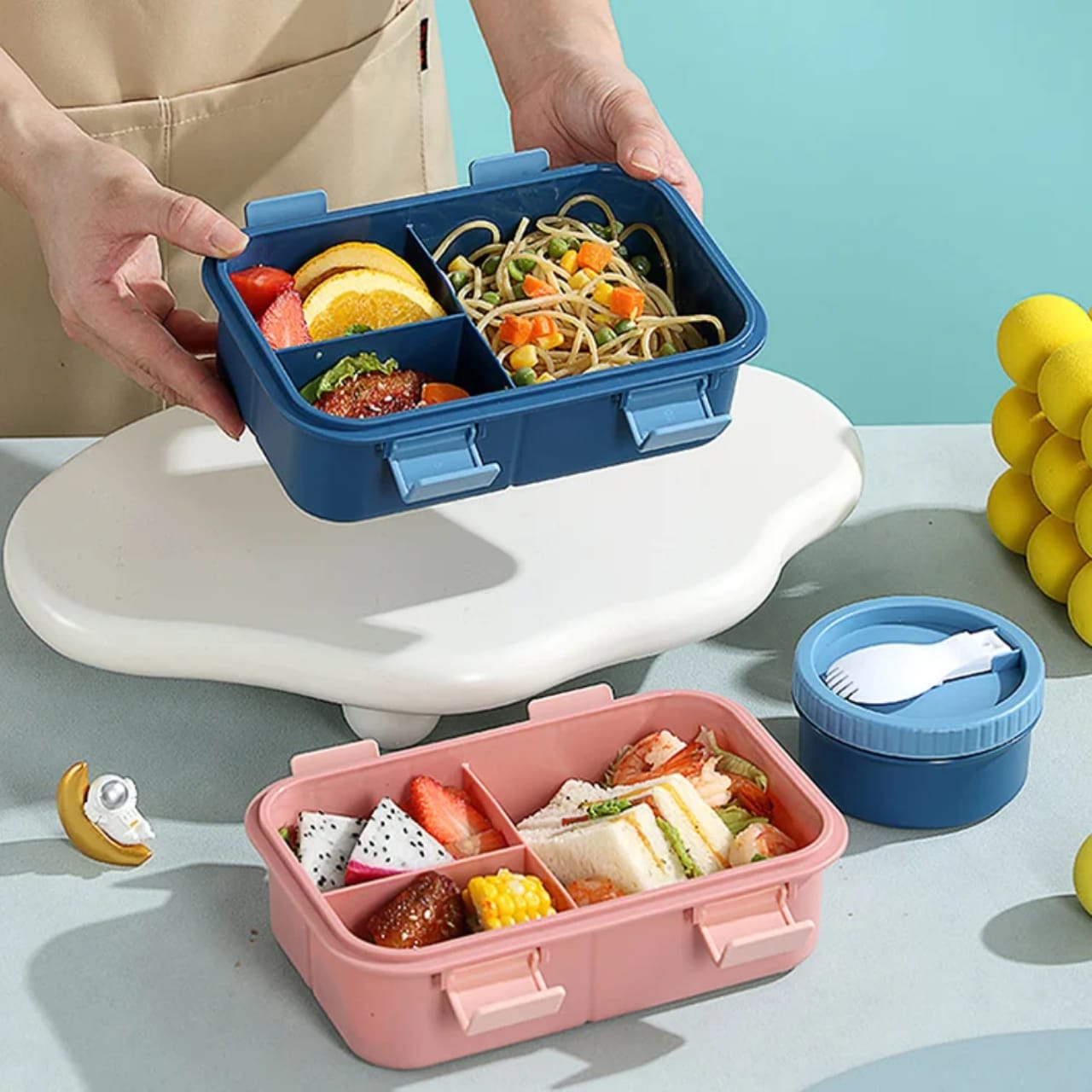 4-Compartment Bento Lunch Box with Spoon – Leak-Proof Food Container with Snap-Lock Lid, Multi-Section Meal Storage Box for Packing Lunch, Snacks, Fruits and Different Foods Separately