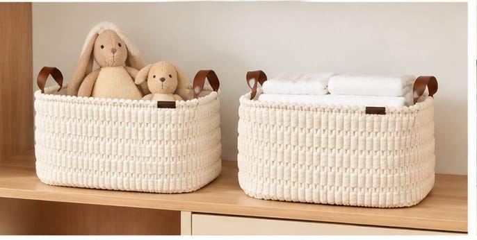 Corduroy Storage Basket Cream & Brown – Soft Durable Fabric Organizer with Strong Brown Handles, Spacious Foldable Design for Clothes, Toys, Towels and Blankets