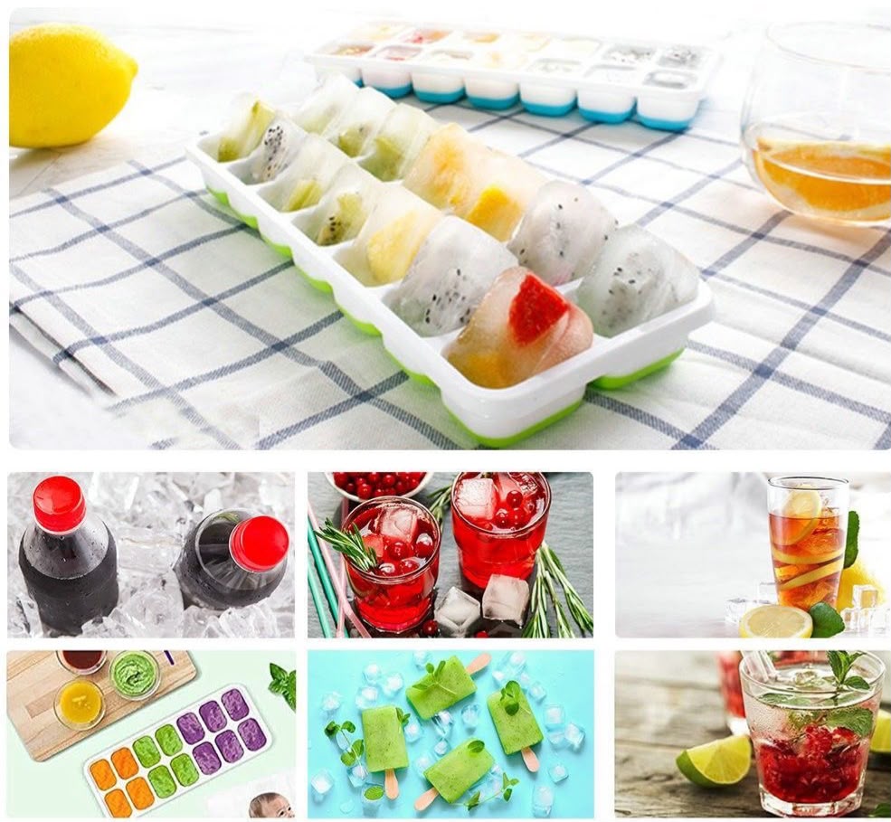 2pcs 14-Hole Ice Cube Trays with Silicone Base & Lid – BPA-Free Plastic Ice Maker Molds with Flexible Silicone Bases, Secure Covers and Compact Design for Freezer, Kitchen and Easy Ice Removal