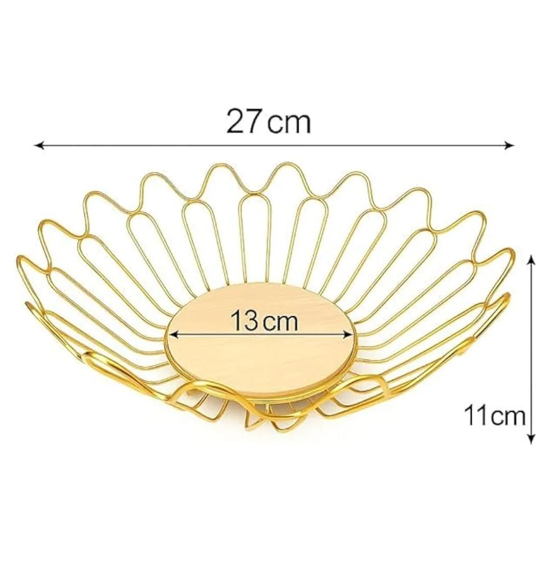 Wooden Base Gold Fruit Basket 27×11cm – Elegant Metallic Wire Fruit Holder with Wooden Base for Kitchen Countertop, Dining Table and Living Room, Stylish Decorative Storage Basket for Home