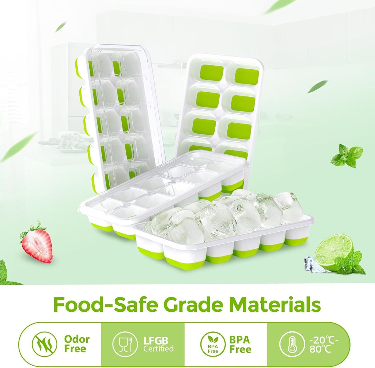 2pcs 14-Hole Ice Cube Trays with Silicone Base & Lid – BPA-Free Plastic Ice Maker Molds with Flexible Silicone Bases, Secure Covers and Compact Design for Freezer, Kitchen and Easy Ice Removal