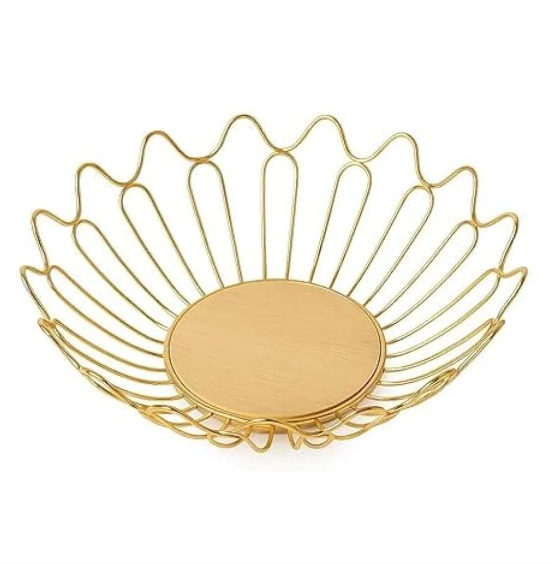 Wooden Base Gold Fruit Basket 27×11cm – Elegant Metallic Wire Fruit Holder with Wooden Base for Kitchen Countertop, Dining Table and Living Room, Stylish Decorative Storage Basket for Home