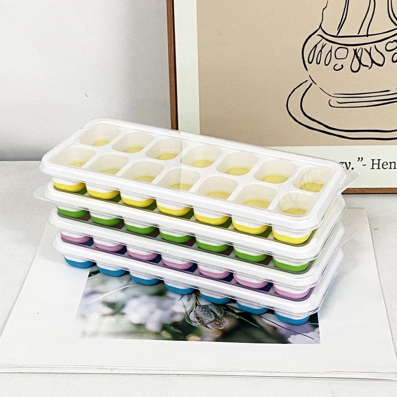 2pcs 14-Hole Ice Cube Trays with Silicone Base & Lid – BPA-Free Plastic Ice Maker Molds with Flexible Silicone Bases, Secure Covers and Compact Design for Freezer, Kitchen and Easy Ice Removal