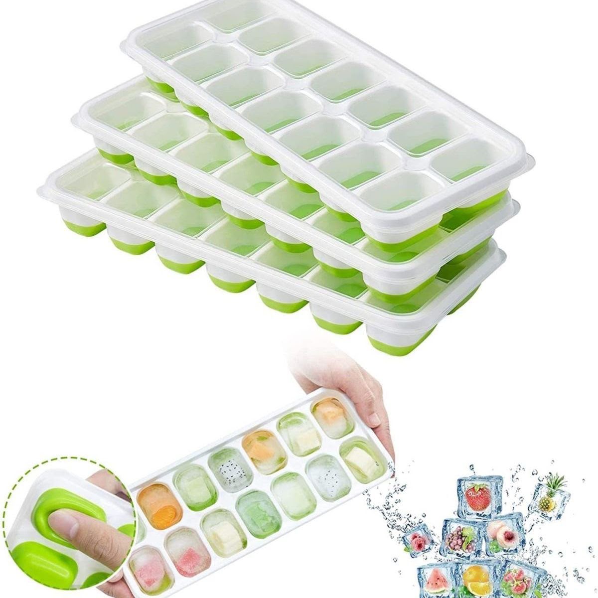 2pcs 14-Hole Ice Cube Trays with Silicone Base & Lid – BPA-Free Plastic Ice Maker Molds with Flexible Silicone Bases, Secure Covers and Compact Design for Freezer, Kitchen and Easy Ice Removal