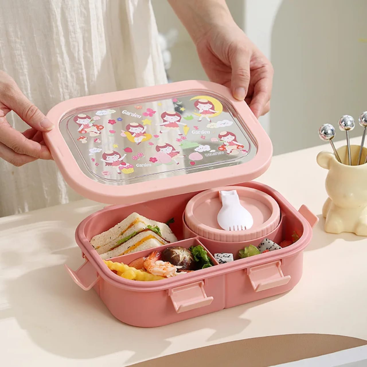 4-Compartment Bento Lunch Box with Spoon – Leak-Proof Food Container with Snap-Lock Lid, Multi-Section Meal Storage Box for Packing Lunch, Snacks, Fruits and Different Foods Separately