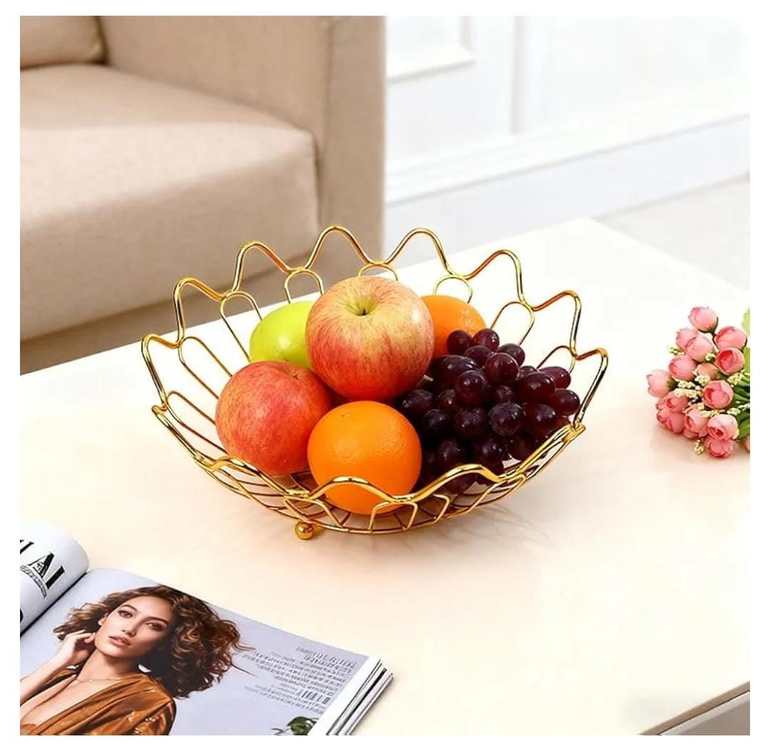 Wooden Base Gold Fruit Basket 27×11cm – Elegant Metallic Wire Fruit Holder with Wooden Base for Kitchen Countertop, Dining Table and Living Room, Stylish Decorative Storage Basket for Home