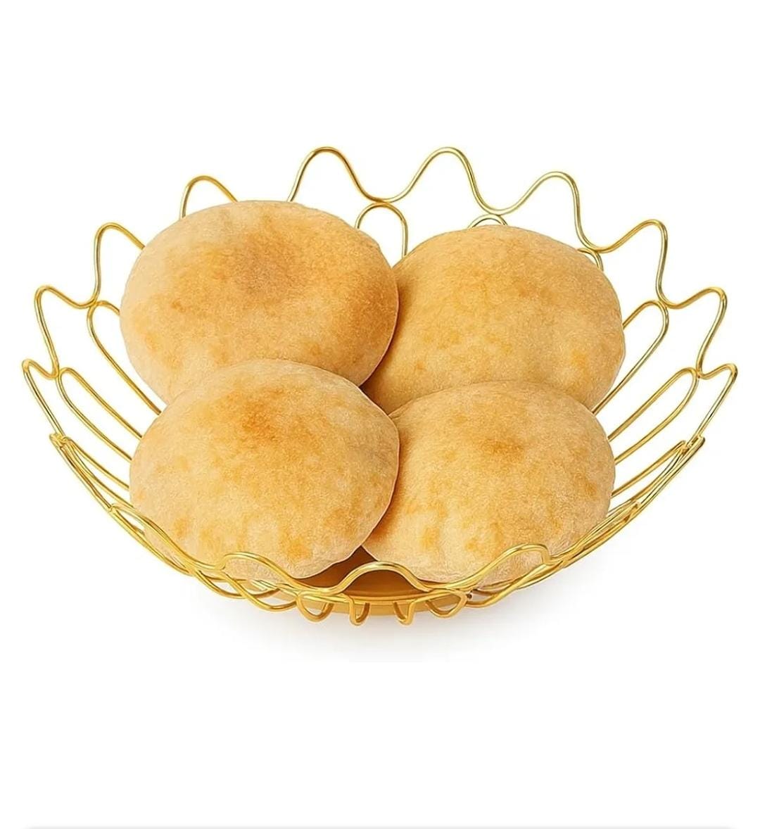 Wooden Base Gold Fruit Basket 27×11cm – Elegant Metallic Wire Fruit Holder with Wooden Base for Kitchen Countertop, Dining Table and Living Room, Stylish Decorative Storage Basket for Home