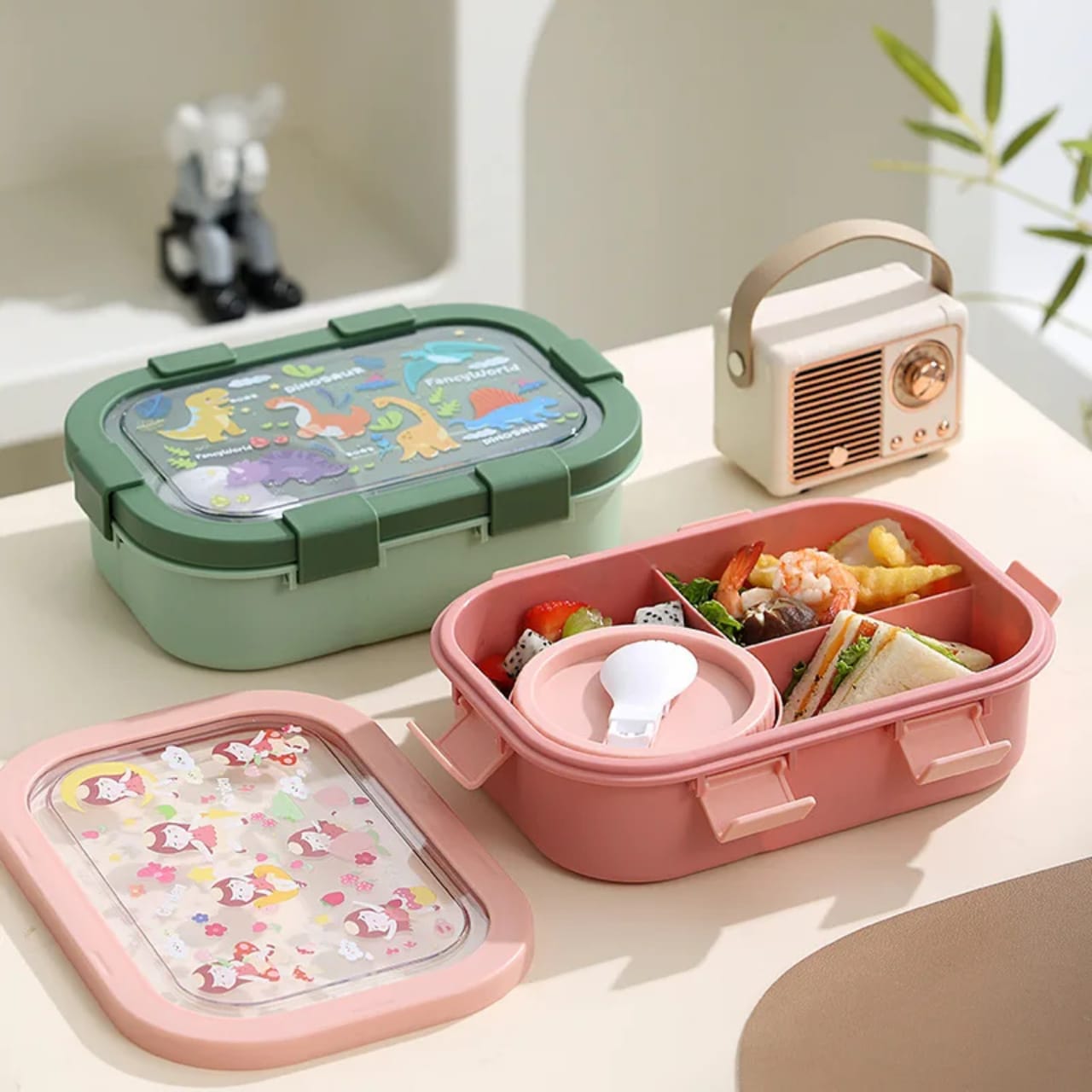 4-Compartment Bento Lunch Box with Spoon – Leak-Proof Food Container with Snap-Lock Lid, Multi-Section Meal Storage Box for Packing Lunch, Snacks, Fruits and Different Foods Separately