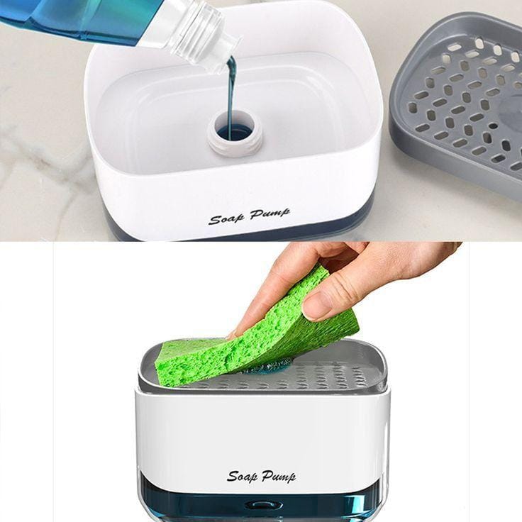 Liquid Soap Pump & Sponge Caddy – 2-in-1 Kitchen Sink Organizer with Refillable Soap Dispenser and Sponge Holder, Compact Countertop Storage for Dishwashing Liquid, Sponges and Cleaning Supplies