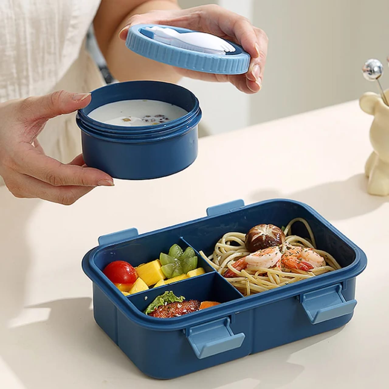 4-Compartment Bento Lunch Box with Spoon – Leak-Proof Food Container with Snap-Lock Lid, Multi-Section Meal Storage Box for Packing Lunch, Snacks, Fruits and Different Foods Separately