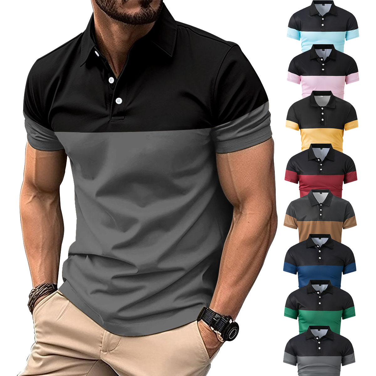 Plus Size Men Clothes Men's Casual POLO Shirt Business V-neck Button Short Sleeve Man T-shirt Color Matching Men's Tops
