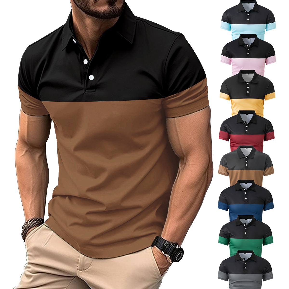 Plus Size Men Clothes Men's Casual POLO Shirt Business V-neck Button Short Sleeve Man T-shirt Color Matching Men's Tops
