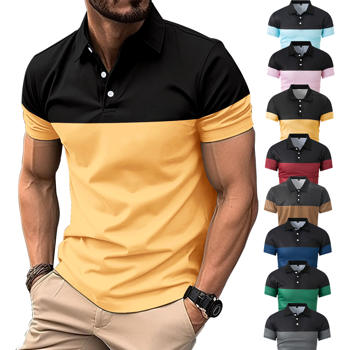 Plus Size Men Clothes Men's Casual POLO Shirt Business V-neck Button Short Sleeve Man T-shirt Color Matching Men's Tops