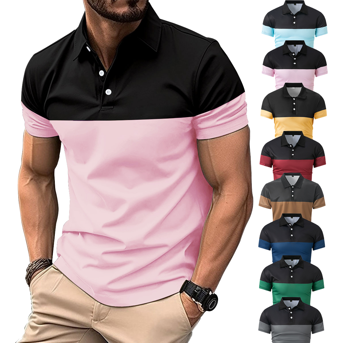 Plus Size Men Clothes Men's Casual POLO Shirt Business V-neck Button Short Sleeve Man T-shirt Color Matching Men's Tops