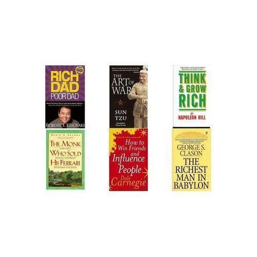 Rich Dad Poor Dad (Robert Kiyosaki), The Art of War (Sun Tzu), Think and Grow Rich (Napoleon Hill), The Monk Who Sold His Ferrari (Robin Sharma), How to Win Friends and Influence People (Dale Carnegie