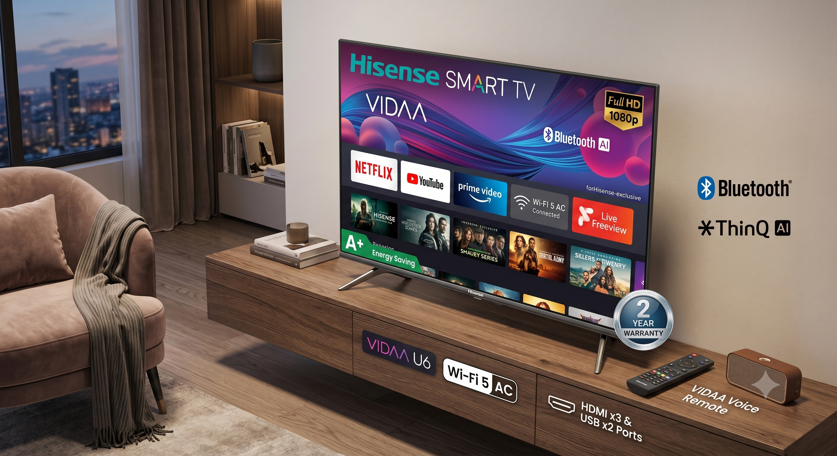 Hisense 32 inch Frameless Smart TV Full HD LED VIDAA Wifi AC Netflix/Youtube/Prime Video Energy Saving 32A4Q