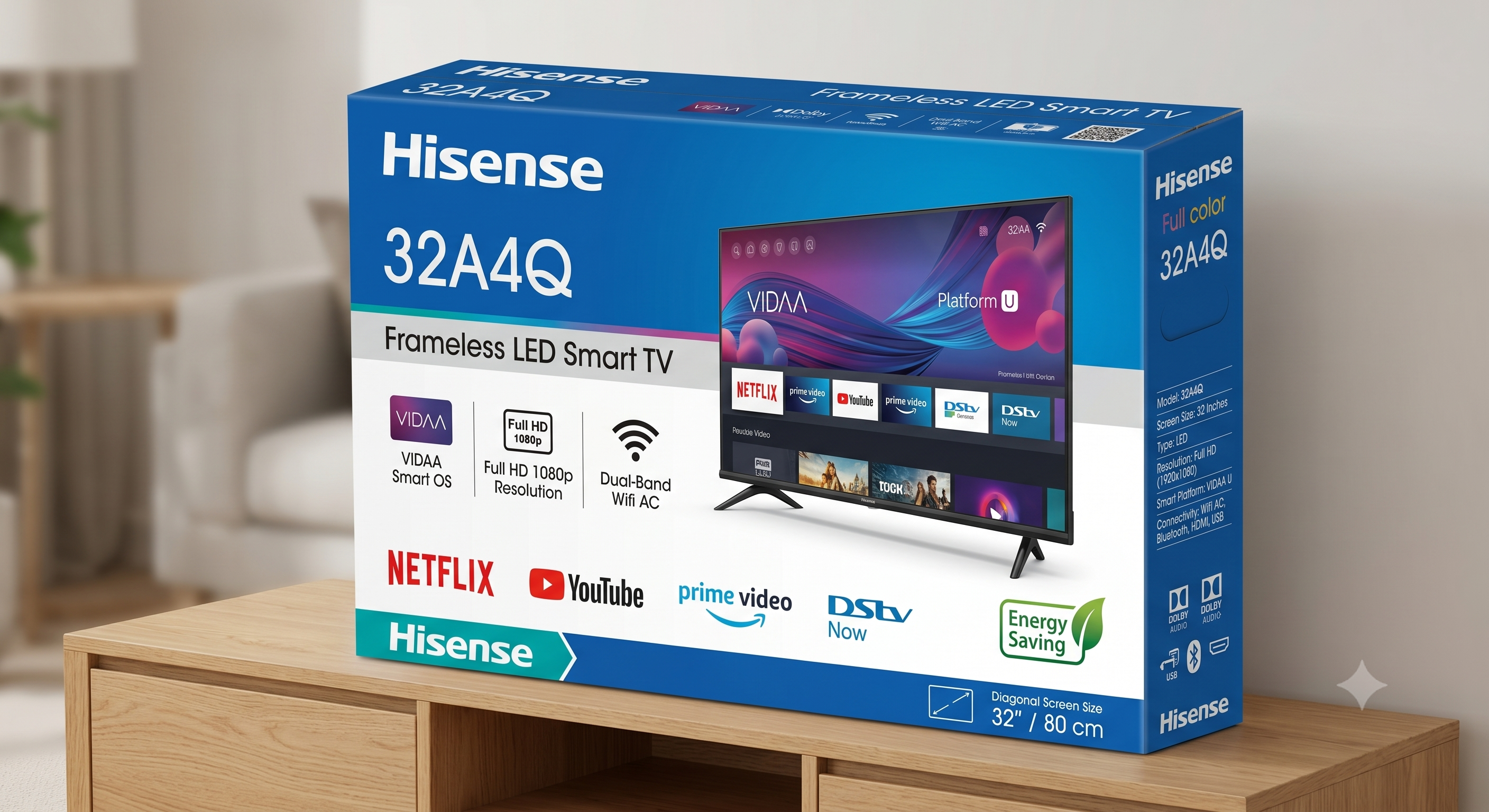 Hisense 32 inch Frameless Smart TV Full HD LED VIDAA Wifi AC Netflix/Youtube/Prime Video Energy Saving 32A4Q